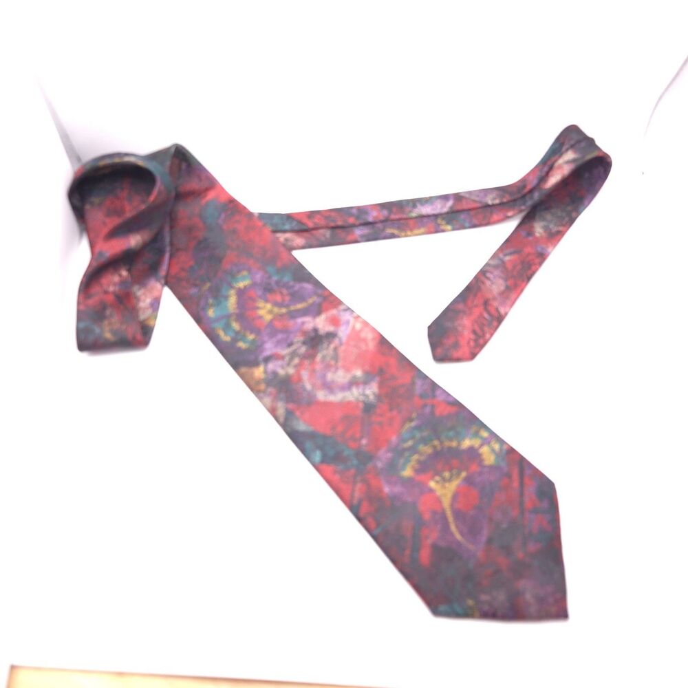 Vintage 90s Oscar de la Renta Studio Necktie Abstract Watercolor Red Purple USA